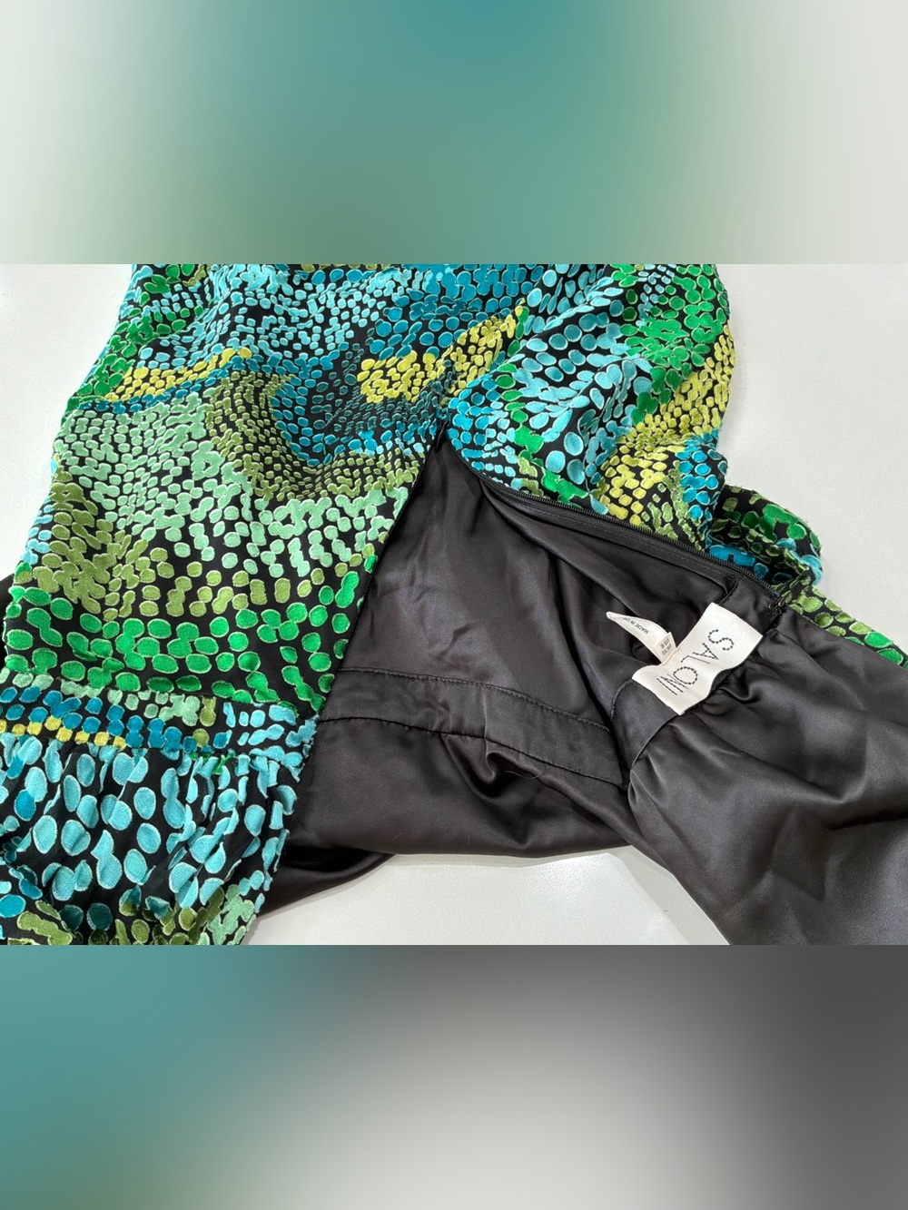 SALONI Silk Blend Mock Neck Sleeveless Maxi Dress Blue Green Abstract Print SZ6 - Picture 8 of 9